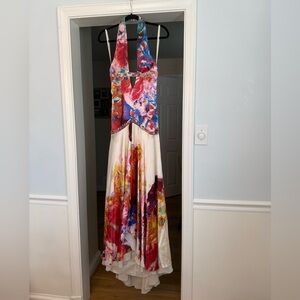 Vintage Y2K Jovani Multi-Colored Silk Halter Dress with Small Train